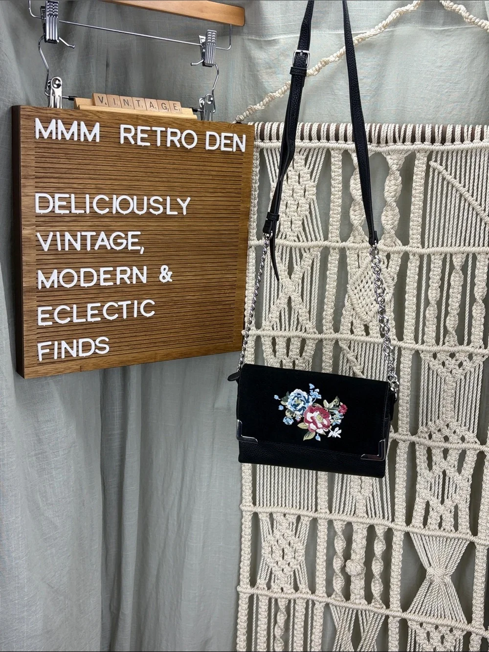 White House Black Market Black Crossbody Bag with Black Suede, Floral Embroidery